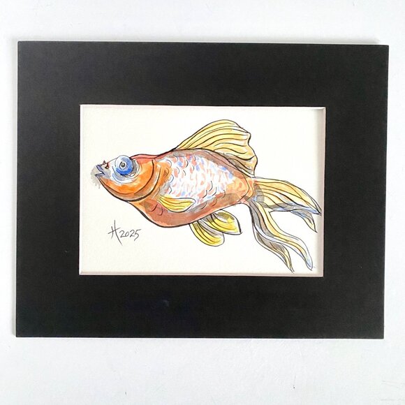 Chunky Goldfish 3 Original Watercolor Wall Art Painting 8x10in Matted FrameReady - Picture 2 of 8